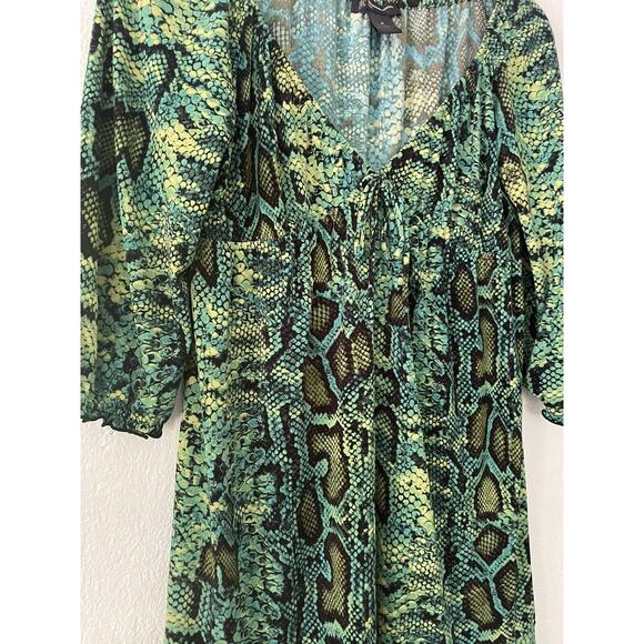 INC International Concepts Snake Print Green Y2K Mini Flounce Dress Sz Med Petit - Picture 3 of 12